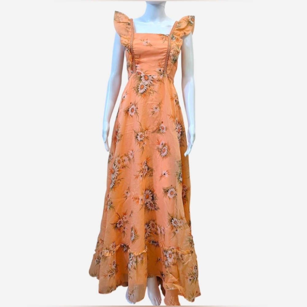 70s vintage prairie Dress  orange‎ peach daisy floral sleeveless maxi
